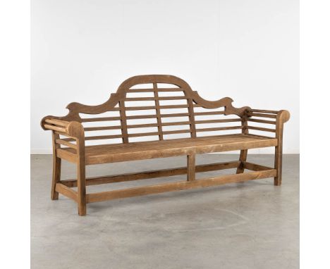 A large teak wood garden bench.Dimensions: (L:63 x W:226 x H:106 cm)