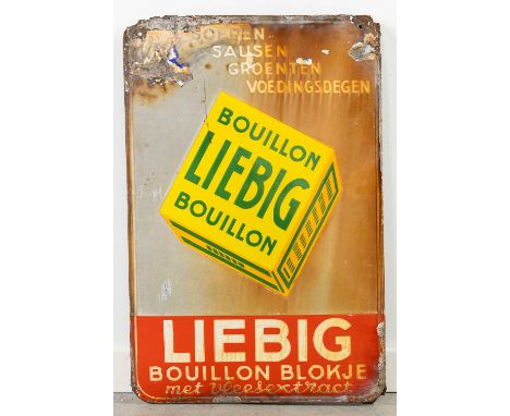 An antique enamel plate 'Bouillon Liebig' Bouillon blokje met vleesextract. 1951.Dimensions: (W:39 x H:58 cm)
