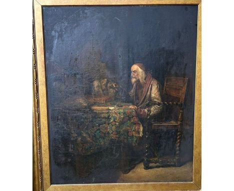 An interesting&nbsp; large 19th cent&nbsp; oil portrait study depicting a Gentleman seated with Scales, 92cm x 80cm