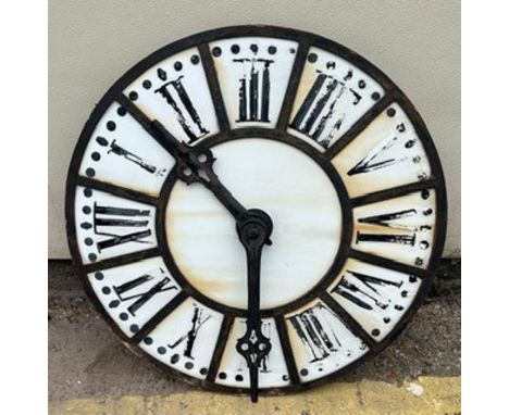 A large early 20th cent French enamel and iron&nbsp; clock face. Diameter 73cm approx.&nbsp;