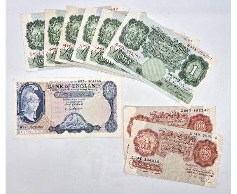 Nine Bank of England O'Brien banknotes; 1 x five pounds (pre-fix H77), 6 x one pound (2 x J series &amp; 4 x K series) and 2 