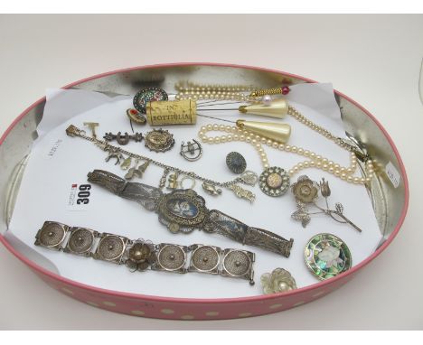 Niello Filigree Panel Bracelet, together with a filigree panel bracelet, shell inset circular brooch, filigree floral spray b