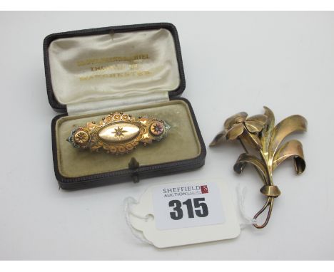 A Victorian Diamond Set Brooch, of shaped and textured design, with glazed panel locket verso, stamped "15c"; together with a