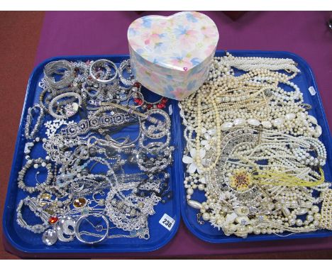 Assorted Modern Costume Jewellery, including collection of imitation pearls, diamanté bracelets, heart shape trinket box etc 