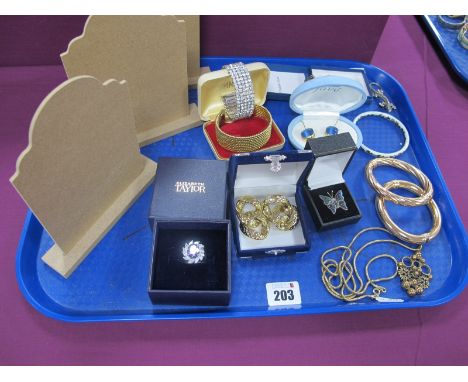 Milor Italy Modern Hinged Bangles, a Modernist pendant stamped "Made In Finland", diamanté cuff bangle, earrings, cluster dre