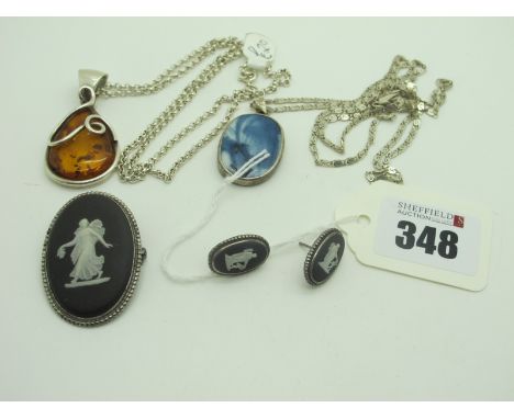 Wedgwood Black and White Jasperware Oval Brooch and Matching Earrings, in original box; together with ceramic fragment oval p