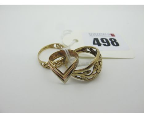 A Modern 9ct Gold Dress Ring, of openwork floral design (finger size O); a 9ct gold Celtic style band, of openwork design (fi