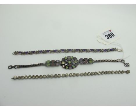An Amethyst and Marcasite Set Line Bracelet, oval claw set with cross design spacers, stamped "925"; together with a multi se