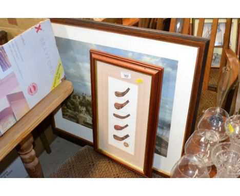 A coloured print depicting vintage golf club heads and a coloured print "Spitfires Over London"