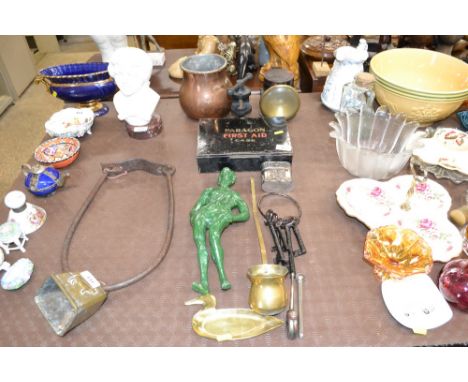 A vintage First Aid tin; a bunch of iron keys; a lamp; copper pot; various other metal ware etc.