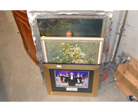 A coloured print of a Georgian gentleman; a floral print; and a signed photograph of Andre Rieu