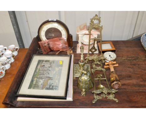 A 1930's mantel clock; two coloured prints; various brassware; corkscrew etc. 