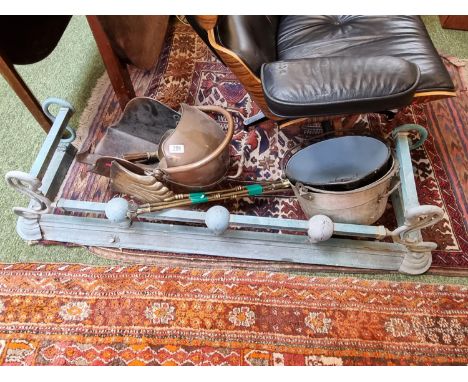 Copper Coal Helmet, Brass companion set 2 Jam pans and a Brass Fire Fender 