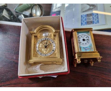 Interesting brass cased Barometer with hand painted plaques and a Brass cased Swiza clock 