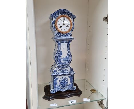 Late 19thC Blue &amp; White Dutch Delft clock with barrel movement mounted on wooden base 