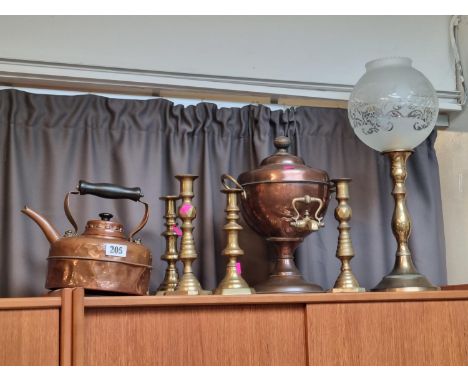 2 Pairs of Brass Candlesticks, Copper Kettle, Samovar and a table light 