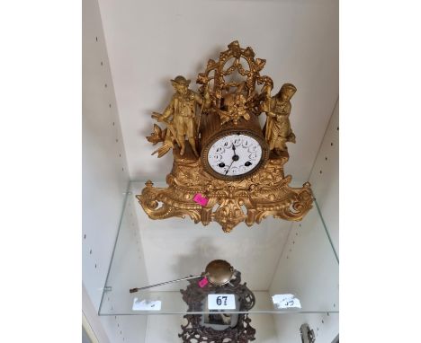 19thC Gilt Ormolu mantel clock with numeral dial and pendulum 