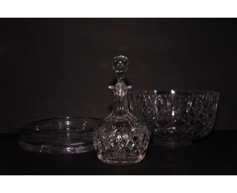 A Brierley deep cut crystal fruit bowl, 10" dia, a shallow glass dish with intaglio cut base and a cut glass decanter