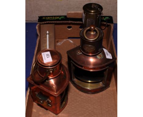A Desmo brass burner, two ships' copper lanterns and a brass and wrought iron thermometer