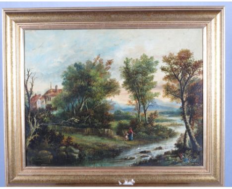 R Pemberry: 19th Century oil on canvas, landscape with distant cottage and figures by a stream, 16 1/4" x 21 1/2", in gilt fr