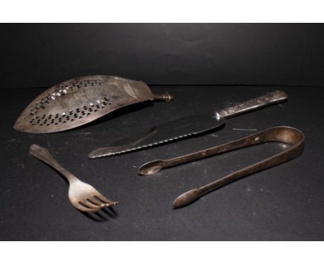 A cake slice with silver King's Pattern handle, a Georgian silver fish slice (damage), a pair of silver sugar tongs and a sil