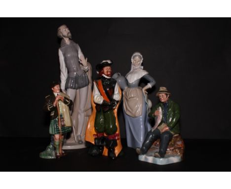 A Royal Doulton china figure, "A Good Catch" HN2258, a similar figure, "The Laird", another figure, "Cavalier", and two Nao c