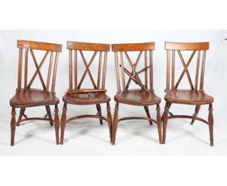 A set of four 19th Century yew X-splat back and elm panel seat dining chairs, on turned supports with crinoline stretchers