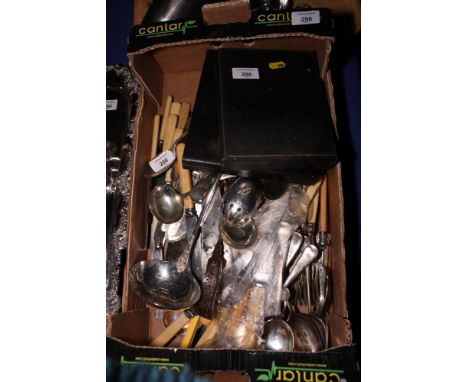 A cased set of six silver plated lobster picks, a silver plated soup ladle and assorted plated cutlery and flatware