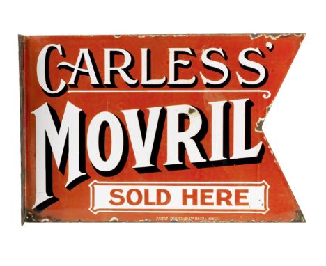 An early and rare 'Carless Movril Sold Here' double-sided enamel sign,by Patent Enamel Co Ltd of Birmingham &amp; London, in 