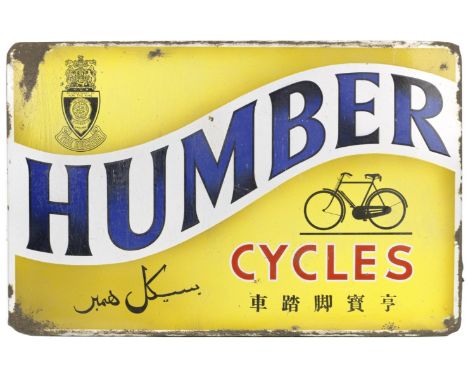 A Humber Cycles enamel advertising sign, circa 1930,printed in English, with Chinese and Malaysian text, some crazing and los