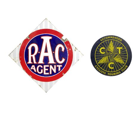 RAC Agent and CTC Cyclists enamel signs,comprising double-sided RAC Agent sign, in red, white, blue and grey enamel, small cu