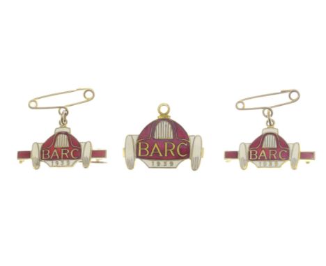 A set of three BARC Brooklands member's and guest's lapel badges, 1939,number 351, in cream, red and black enamel, member's b