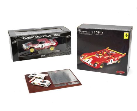 Two boxed 1:18 scale limited edition racing sports car die-cast models and a 1:43 scale cased display,comprising 1:18 scale m