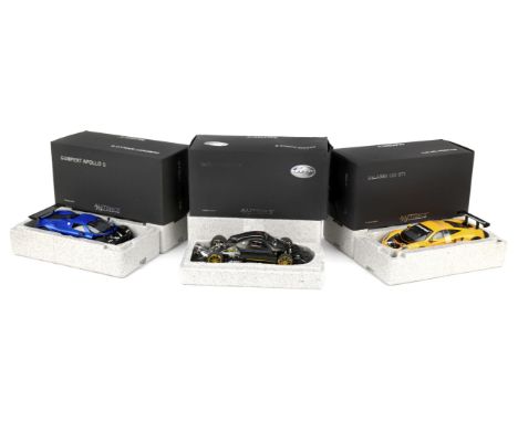 Three boxed 1:18 scale 'supercar' die-cast models by Autoart Signature,comprising McLaren 12C GT3, in orange, Pagani Zonda R,