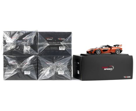 Five boxed 1:18 scale model cars by Top Speed,finely detailed resin models, comprising McLaren Senna in Mira Orange (TS0246);