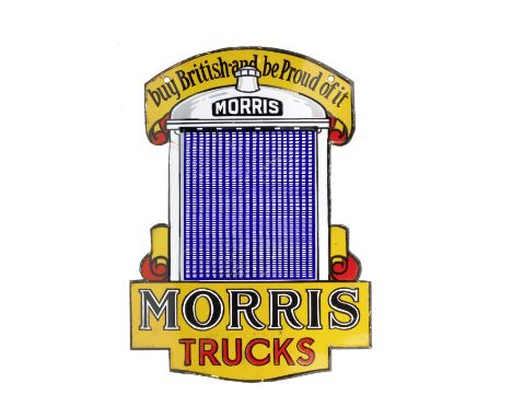 A 'Morris Trucks' double-sided shaped enamel sign, 1930s,in five colours featuring the Morris radiator, with holes for hangin