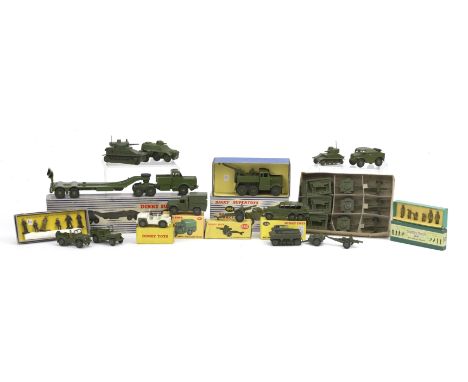 A quantity of boxed Dinky military vehicles and figures,comprising rare 162 Field Gun Unit, (trade box containing 3 sets); 16