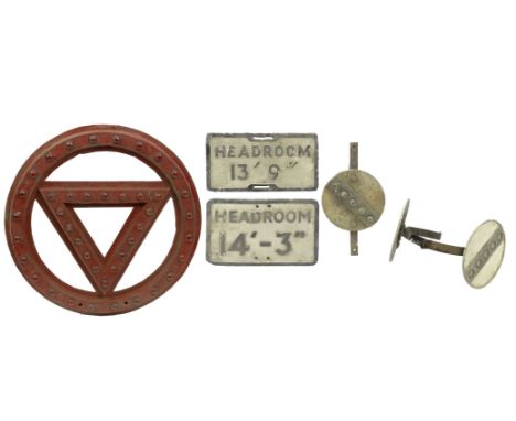 Six street warning signs,comprising a heavy cast iron warning circle with inset triangle, painted red, with red glass bead re