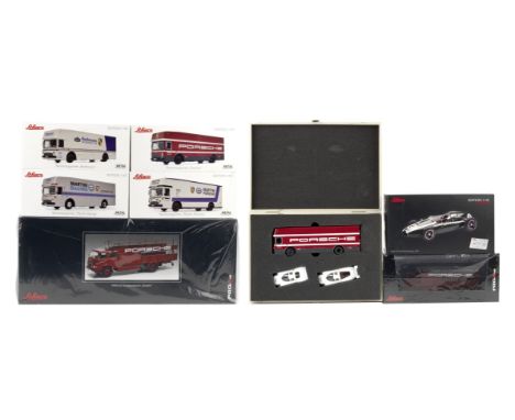 Seven assorted Porsche race transporter models by Schuco, German,comprising (unopened) boxed 1:18 scale MAN 635 Renntransport