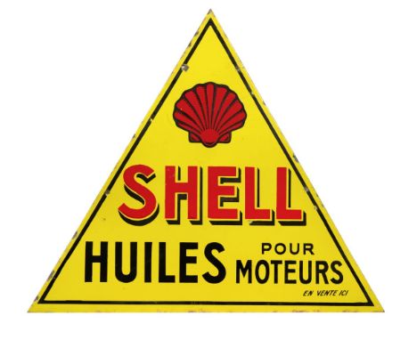 A triangular 'Shell Huiles Pour Moteurs En Vente Ici' double-sided enamel sign,in red and black on yellow enamel, mounting ho