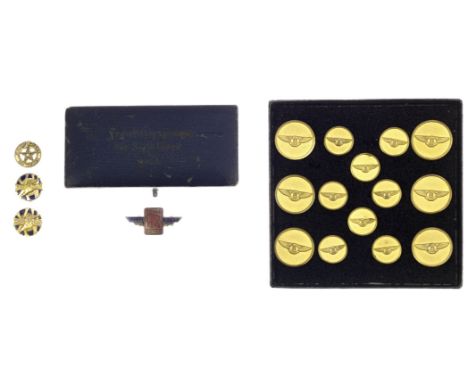 Three 9ct gold Goodyear long service lapel badges,comprising two gold and enamel 15 year service badges and one 25 year gold 