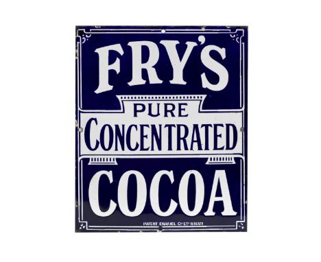 A Fry's Pure Concentrated Cocoa enamel sign,single sided, in blue and white by Patent Enamel Co Ltd, 30.5 x 25.5cm. For furth