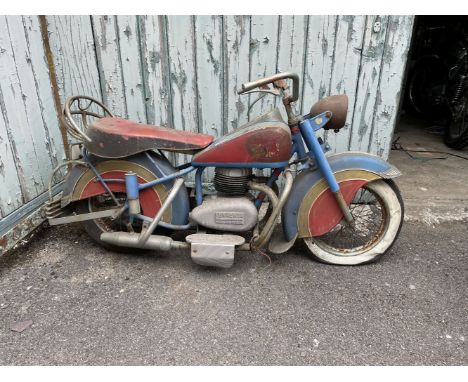 A fairground motorcycle ride-on by Lenaerts,Belgian, 1950s, metal construction, chromed brightwork, painted in red, blue and 