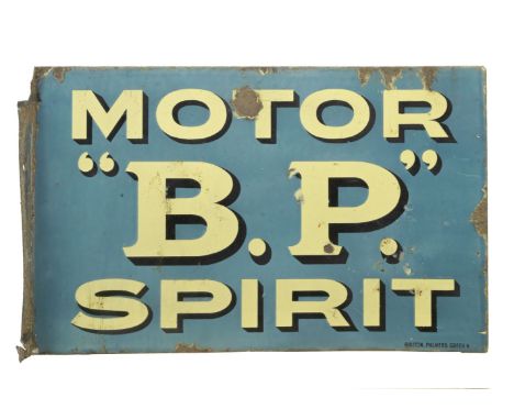 A 'BP Motor Spirit' double-sided flange-mounted enamel sign,by Bruton of Palmers Green, in black and white on blue enamel, so