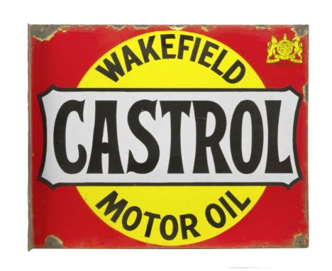 A Wakefield Castrol Motor Oil double-sided flange-mounting enamel sign,by Bruton of Palmers Green, in black, white and yellow