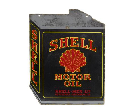 A Shell Motor Oil double-sided shaped enamel sign,in the form of a petrol can, in red, yellow, grey and black enamel, with tw