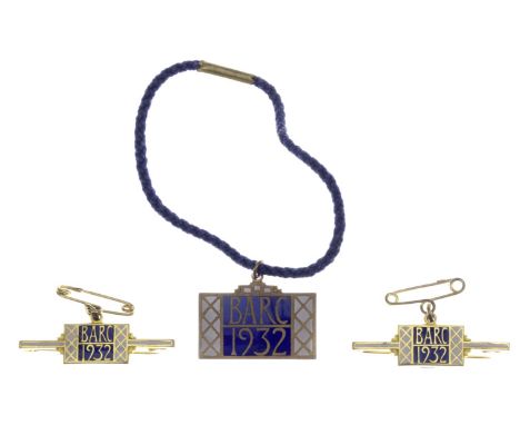 A set of three BARC Brooklands member's and guest's lapel badges, 1932,number 936, blue and grey enamel, member's badge with 