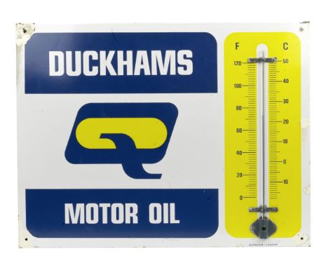 A 'Duckhams Motor Oil' thermometer enamel sign,single-sided with flanged edges, in blue, white and yellow enamel, with holes 
