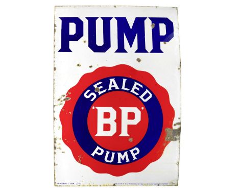 A large BP Sealed Pump enamel sign, 1927,by Patent Enamel Co. of Birmingham and dated '7-27', single-sided, in red, white and