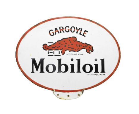 A Gargoyle Mobiloil oil cabinet double-sided enamel sign,oval, in black and red on white enamel, with mounting holes to lower